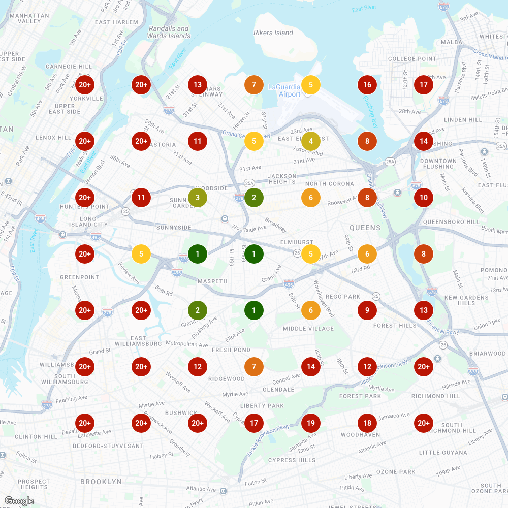 Queens dispensary ranking heatmap showing Weedside geo-grid for dispensary near me